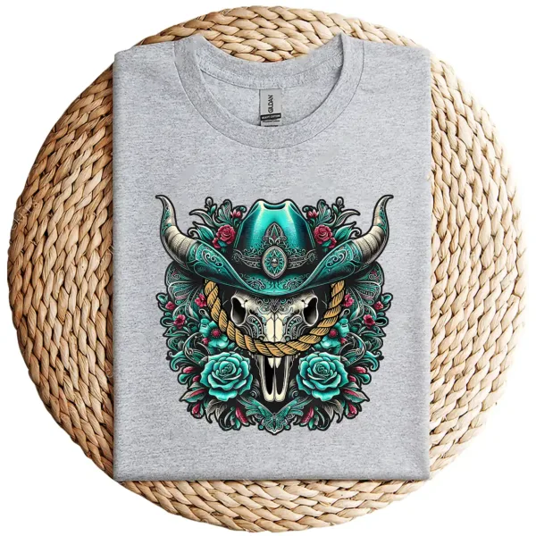 6-3-6.webp Turquoise Cow Skull T-Shirt – Western Bull Skull Graphic Tee – Rodeo Queen Country Shirt – Southwestern Boho Style – Vintage Cowgirl Top