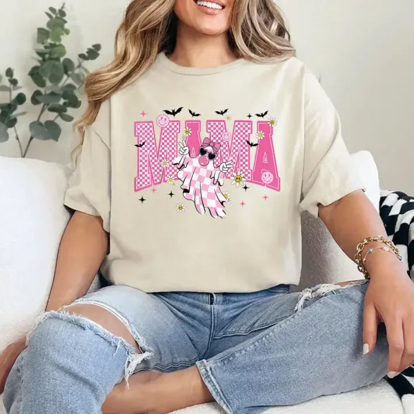 Mama Halloween Cute Ghost Trendy Checkered Pink Men Women T-Shirt - Unisex, Gift for Halloween Day,  Gift for Mama