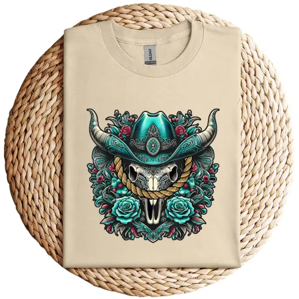 6-4-5.webp Turquoise Cow Skull T-Shirt – Western Bull Skull Graphic Tee – Rodeo Queen Country Shirt – Southwestern Boho Style – Vintage Cowgirl Top