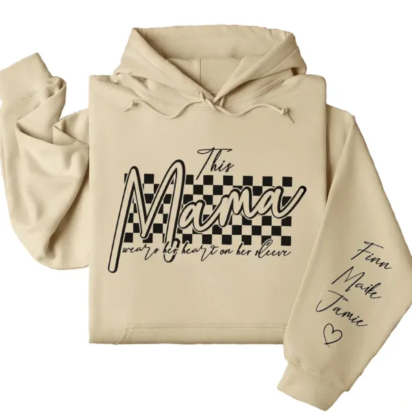 Retro This Mama Wears Her Heart on Her Sleeve Hoodie – Custom Checkered Heart Design with Kids’ Names, Personalized Mother’s Day Gift for Mom