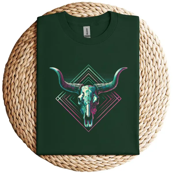 7-2-5.webp Vaporwave Longhorn Cow Skull T-Shirt – 80s 90s Retro Style Graphic Tee – Vintage Cattle Skull Art – Neon Aesthetic Vaporwave Shirt