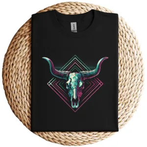 7-3-5.webp Vaporwave Longhorn Cow Skull T-Shirt – 80s 90s Retro Style Graphic Tee – Vintage Cattle Skull Art – Neon Aesthetic Vaporwave Shirt