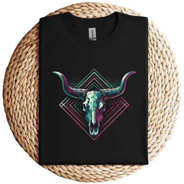 7-3-5.webp Vaporwave Longhorn Cow Skull T-Shirt – 80s 90s Retro Style Graphic Tee – Vintage Cattle Skull Art – Neon Aesthetic Vaporwave Shirt