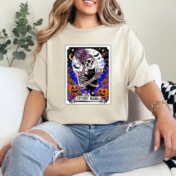 7-4-4.webp Spooky Mama Tarot Card Halloween Mom Skull Mama Black Cat T-Shirt - Unisex, Gift for Halloween Day, Gift for Mama