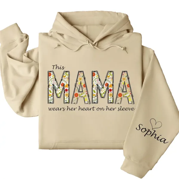 7-4-6.webp This Mama Wears Her Heart on Her Sleeve Hoodie – Floral Hoodie for Mom with Kids’ Names, Cute Personalized Gift Idea
