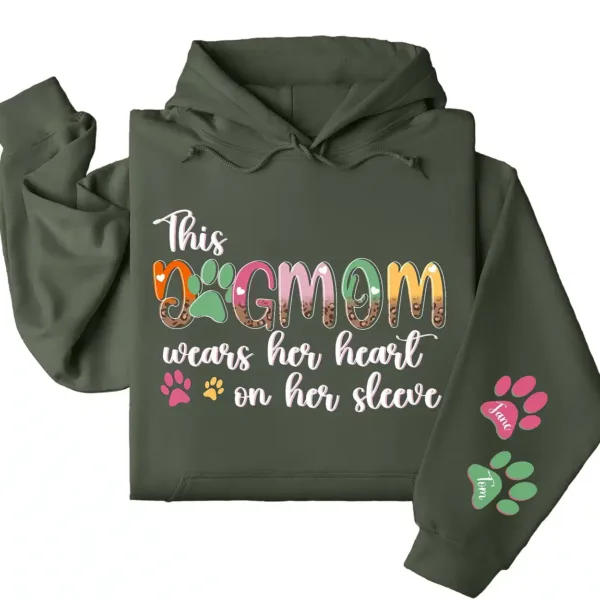 This Dog Mom Wears Her Heart on Her Sleeve Hoodie – Custom Hoodie with Kids’ Names, Personalized Mother’s Day Gift for Mom