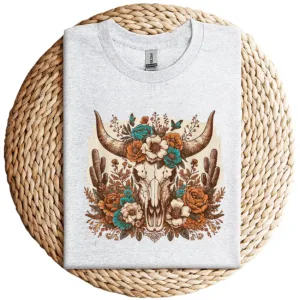 8-1-3.webp Western Boho Cow Bull Skull T-Shirt – Wild West Floral Graphic Tee – Country Style Vintage Shirt – Rodeo Cowgirl Southwestern Design