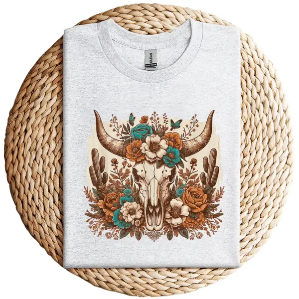 8-1-3.webp Western Boho Cow Bull Skull T-Shirt – Wild West Floral Graphic Tee – Country Style Vintage Shirt – Rodeo Cowgirl Southwestern Design