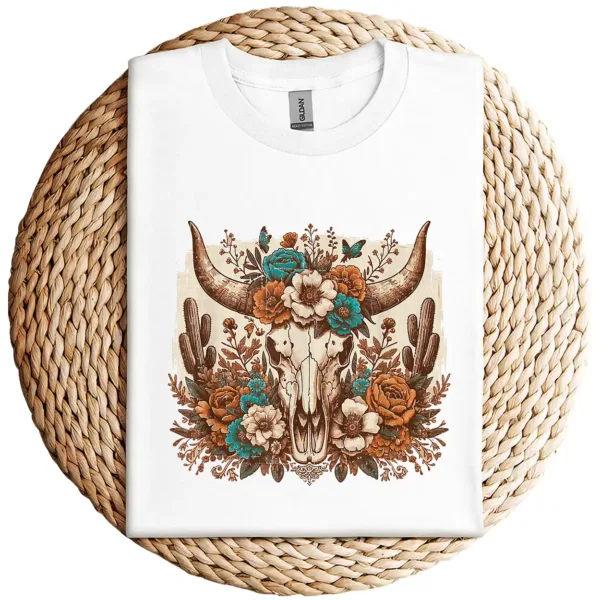 8-2-3.webp Western Boho Cow Bull Skull T-Shirt – Wild West Floral Graphic Tee – Country Style Vintage Shirt – Rodeo Cowgirl Southwestern Design