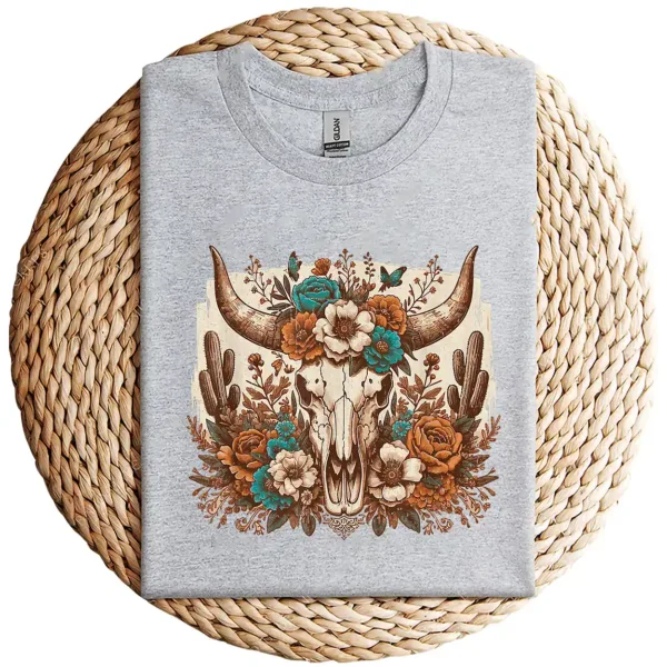 8-3-3.webp Western Boho Cow Bull Skull T-Shirt – Wild West Floral Graphic Tee – Country Style Vintage Shirt – Rodeo Cowgirl Southwestern Design