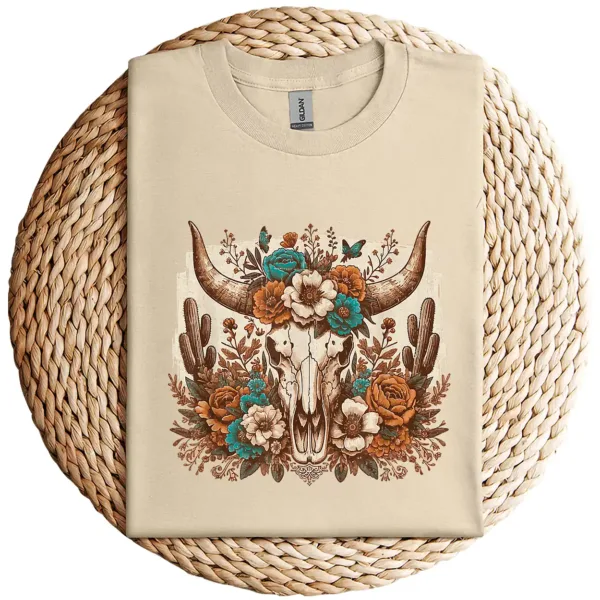 8-4-3.webp Western Boho Cow Bull Skull T-Shirt – Wild West Floral Graphic Tee – Country Style Vintage Shirt – Rodeo Cowgirl Southwestern Design