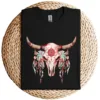 Boho Cow Skull & Feathers T-Shirt – Floral Bull Skull Graphic Tee – Southwestern Bohemian Style – Vintage Rodeo Cowgirl Shirt