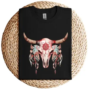 9-2-3-1.webp Boho Cow Skull & Feathers T-Shirt – Floral Bull Skull Graphic Tee – Southwestern Bohemian Style – Vintage Rodeo Cowgirl Shirt