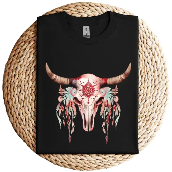 Boho Cow Skull & Feathers T-Shirt – Floral Bull Skull Graphic Tee – Southwestern Bohemian Style – Vintage Rodeo Cowgirl Shirt