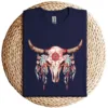 Boho Cow Skull & Feathers T-Shirt – Floral Bull Skull Graphic Tee – Southwestern Bohemian Style – Vintage Rodeo Cowgirl Shirt