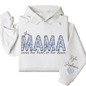 This Mama Wears Her Heart on Her Sleeve Hoodie – Custom Hoodie with Kids’ Names, Personalized Mother’s Day Gift for Mama