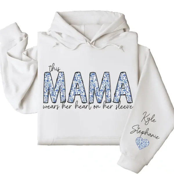 This Mama Wears Her Heart on Her Sleeve Hoodie – Custom Hoodie with Kids’ Names, Personalized Mother’s Day Gift for Mama