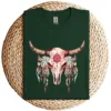 Boho Cow Skull & Feathers T-Shirt – Floral Bull Skull Graphic Tee – Southwestern Bohemian Style – Vintage Rodeo Cowgirl Shirt