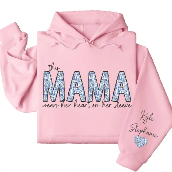 This Mama Wears Her Heart on Her Sleeve Hoodie – Custom Hoodie with Kids’ Names, Personalized Mother’s Day Gift for Mama
