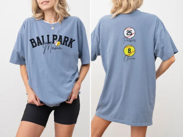 Personalize Baseball Softball Mom Shirt, Ballpark Mama Shirt Names on Back Custom Baseball Mom T-shirt