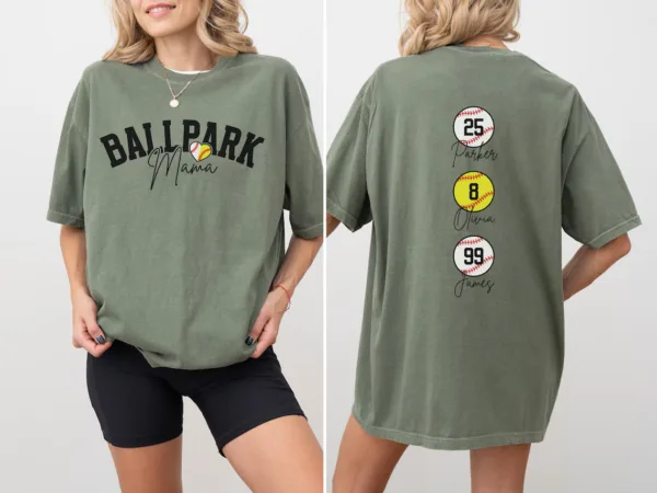 Personalize Baseball Softball Mom Shirt, Ballpark Mama Shirt Names on Back Custom Baseball Mom T-shirt