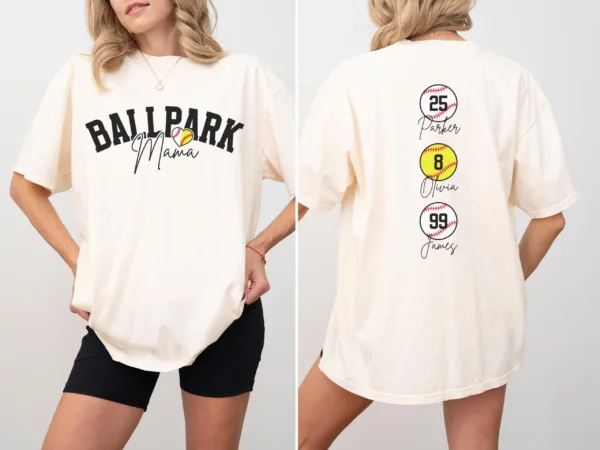 Personalize Baseball Softball Mom Shirt, Ballpark Mama Shirt Names on Back Custom Baseball Mom T-shirt