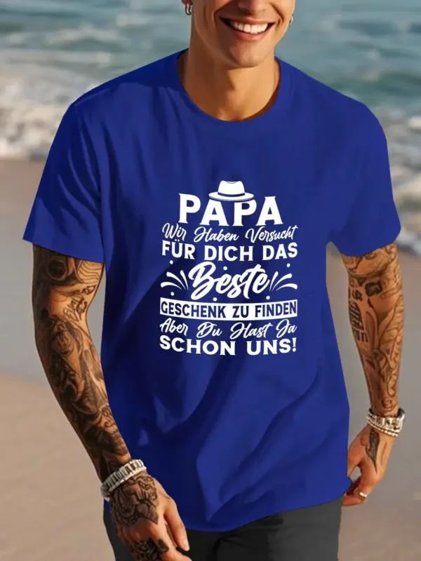 Best.-Papa.-Ever.-German-Quote-Mens-1.webp Best Papa Ever German Quote Men's T-Shirt - Casual Polyester Short Sleeve Crew Neck, Summer Top with Hat & Mustache Illustration, Machine Washable