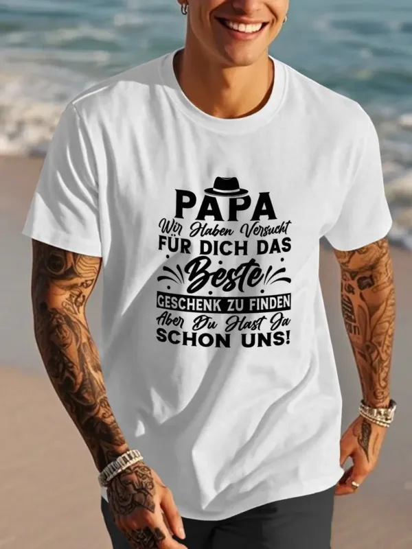 Best.-Papa.-Ever.-German-Quote-Mens-2.webp Best Papa Ever German Quote Men's T-Shirt - Casual Polyester Short Sleeve Crew Neck, Summer Top with Hat & Mustache Illustration, Machine Washable