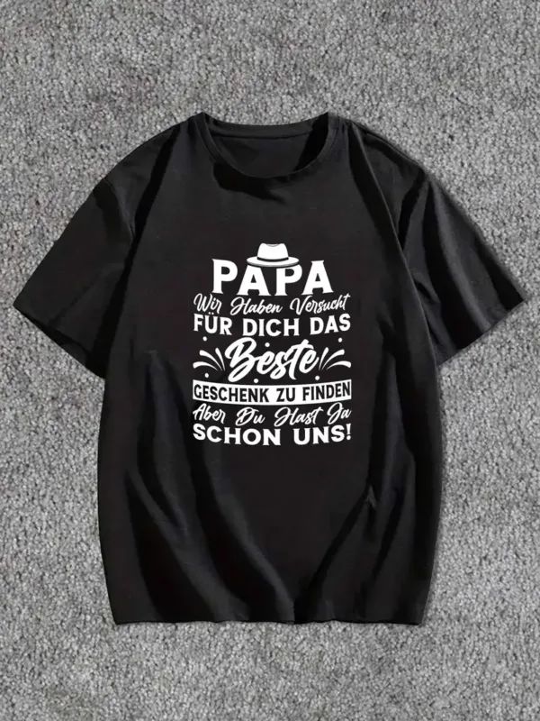 Best.-Papa.-Ever.-German-Quote-Mens-3.webp Best Papa Ever German Quote Men's T-Shirt - Casual Polyester Short Sleeve Crew Neck, Summer Top with Hat & Mustache Illustration, Machine Washable