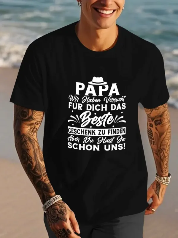 Best.-Papa.-Ever.-German-Quote-Mens-4.webp Best Papa Ever German Quote Men's T-Shirt - Casual Polyester Short Sleeve Crew Neck, Summer Top with Hat & Mustache Illustration, Machine Washable