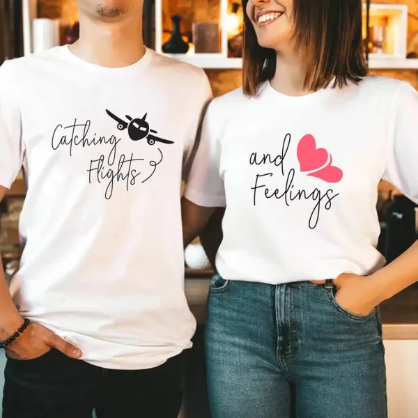 Couple Matching T-Shirt With Catching Flights and Feelings Print Design, The Best Family Matching Gift