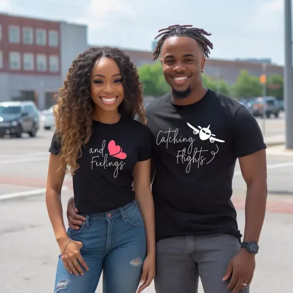 Couple Matching T-Shirt With Catching Flights and Feelings Print Design, The Best Family Matching Gift