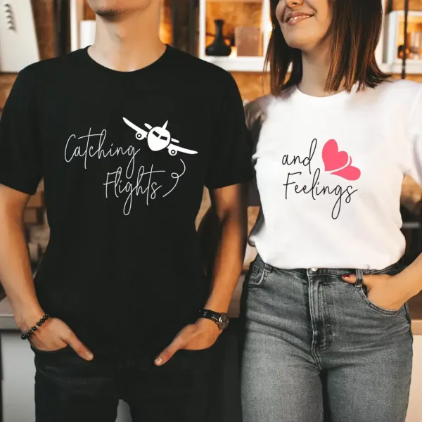 Couple Matching T-Shirt With Catching Flights and Feelings Print Design, The Best Family Matching Gift
