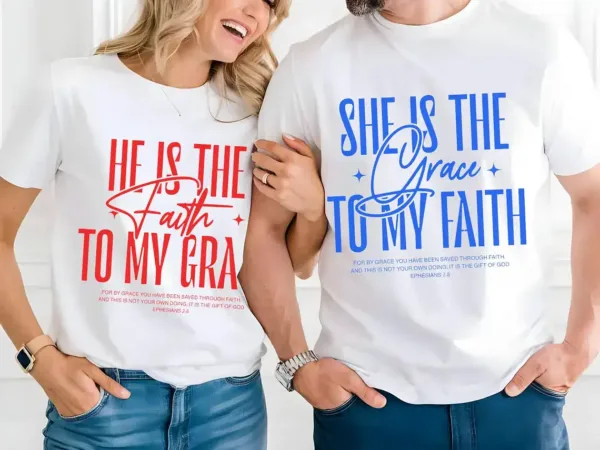 Christian-Couple-T-shirt-1.webp Christian Couple T-shirt, Matching T-shirts for Him & Her, Cozy Couples Apparel, Gift for Christian Partners, Gospel Shirt