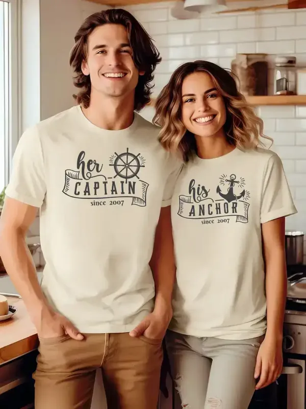 Couple-Shirt-Couple-Shirt-1.webp Couple Matching T-Shirt, His Caption, Her Anchor, Custom Est Mother's Day, Father's Day T-Shirt, The Best Family Matching Gift