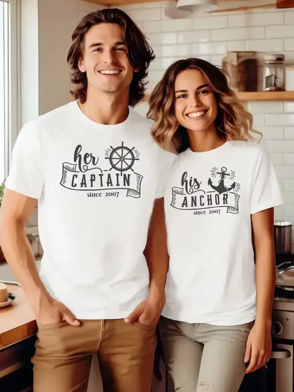 Couple-Shirt-Couple-Shirt-2.webp Couple Matching T-Shirt, His Caption, Her Anchor, Custom Est Mother's Day, Father's Day T-Shirt, The Best Family Matching Gift