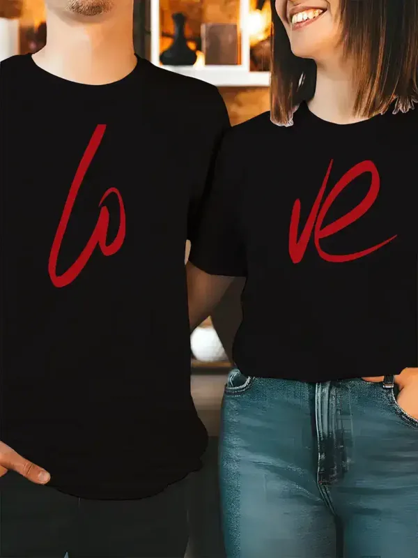 Couples-Casual-Crew-Neck-1.webp Couple Matching T-Shirt With Love Print Design For Summer, Father's Day T-Shirt, The Best Family Matching Gift