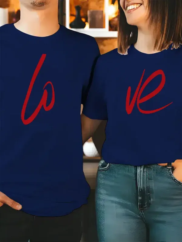 Couples-Casual-Crew-Neck-2.webp Couple Matching T-Shirt With Love Print Design For Summer, Father's Day T-Shirt, The Best Family Matching Gift