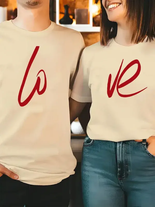 Couples-Casual-Crew-Neck-3.webp Couple Matching T-Shirt With Love Print Design For Summer, Father's Day T-Shirt, The Best Family Matching Gift
