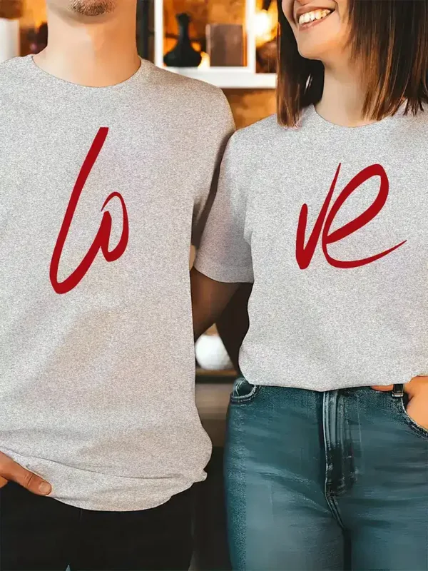 Couples-Casual-Crew-Neck-4.webp Couple Matching T-Shirt With Love Print Design For Summer, Father's Day T-Shirt, The Best Family Matching Gift