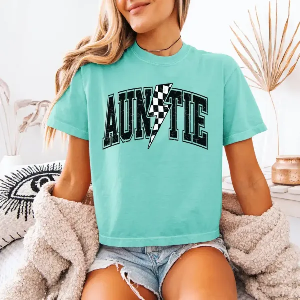 Cropped-Checkered-Auntie-Shirt-3.webp Auntie T-Shirt With Flash, Cute Auntie Shirts, Gift for Aunt, Pregnancy Reveal to Aunt Cool Aunt Club
