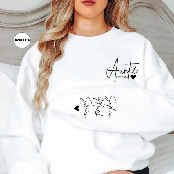 Custom-Auntie-Sweatshirt-1.webp Custom Auntie Sweatshirt, Personalized Aunt Sweatshirt With Nieces Nephews Names On Sleeve, Pregnancy Reveal Outfit, Mothers Day Clothing Gifts