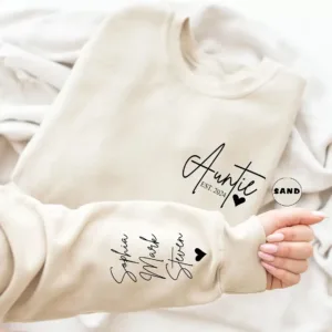 Custom-Auntie-Sweatshirt-2.webp Custom Auntie Sweatshirt, Personalized Aunt Sweatshirt With Nieces Nephews Names On Sleeve, Pregnancy Reveal Outfit, Mothers Day Clothing Gifts