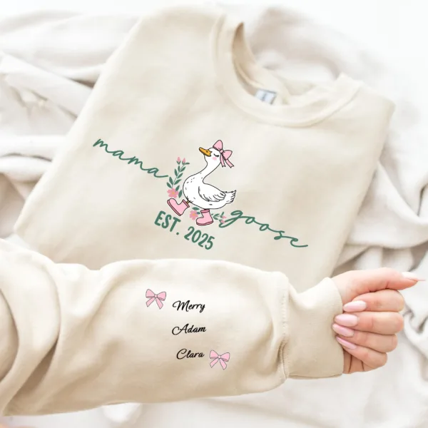 Custom Mama Goose Sweat, Personalized Est Goose Mama and Name Kids on Sleeve, Mother's Day, Birthday Gift for Mama