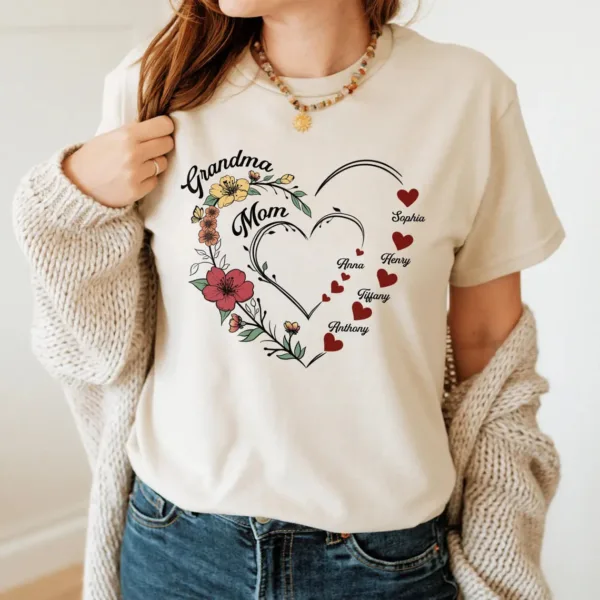 Custom Grandma and Mom, Personalized Mom Heart Shirt, Shirt with Kids Names, The Best Mothers Day Gift