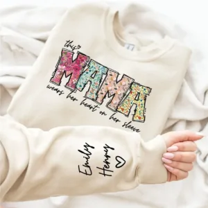 Custom-Mama-Sweatshirt-with-Kid-Name-This-Mama-Wear-Her-Heart-On-Her-Sleeve-Sweatshirt-Personalized-Mom-Shirt-With-Names-Mothers-Day-Gift-1.jpg Custom Mama Shirt, Heart on Sleeve, Personalized Gift for Mom