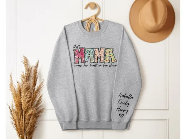Custom Mama Shirt, Heart on Sleeve, Personalized Gift for Mom