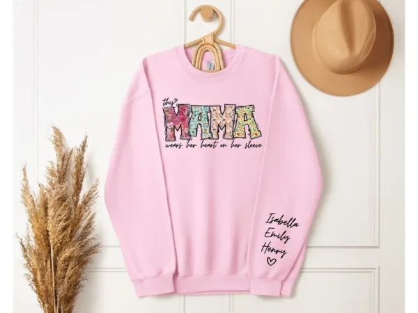 Custom Mama Shirt, Heart on Sleeve, Personalized Gift for Mom