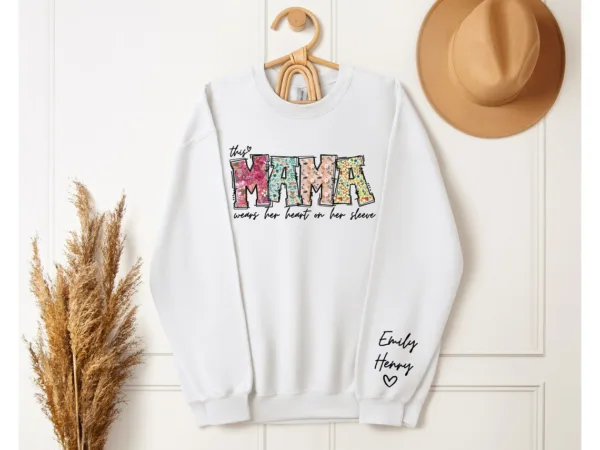 Custom Mama Shirt, Heart on Sleeve, Personalized Gift for Mom