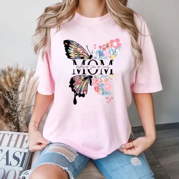 Custom Mom Shirt, Flower Lover Mama Shirt, Personalized Nature Lover Mom Tee, Mothers Day Gift, Butterfly T-Shirt Gift